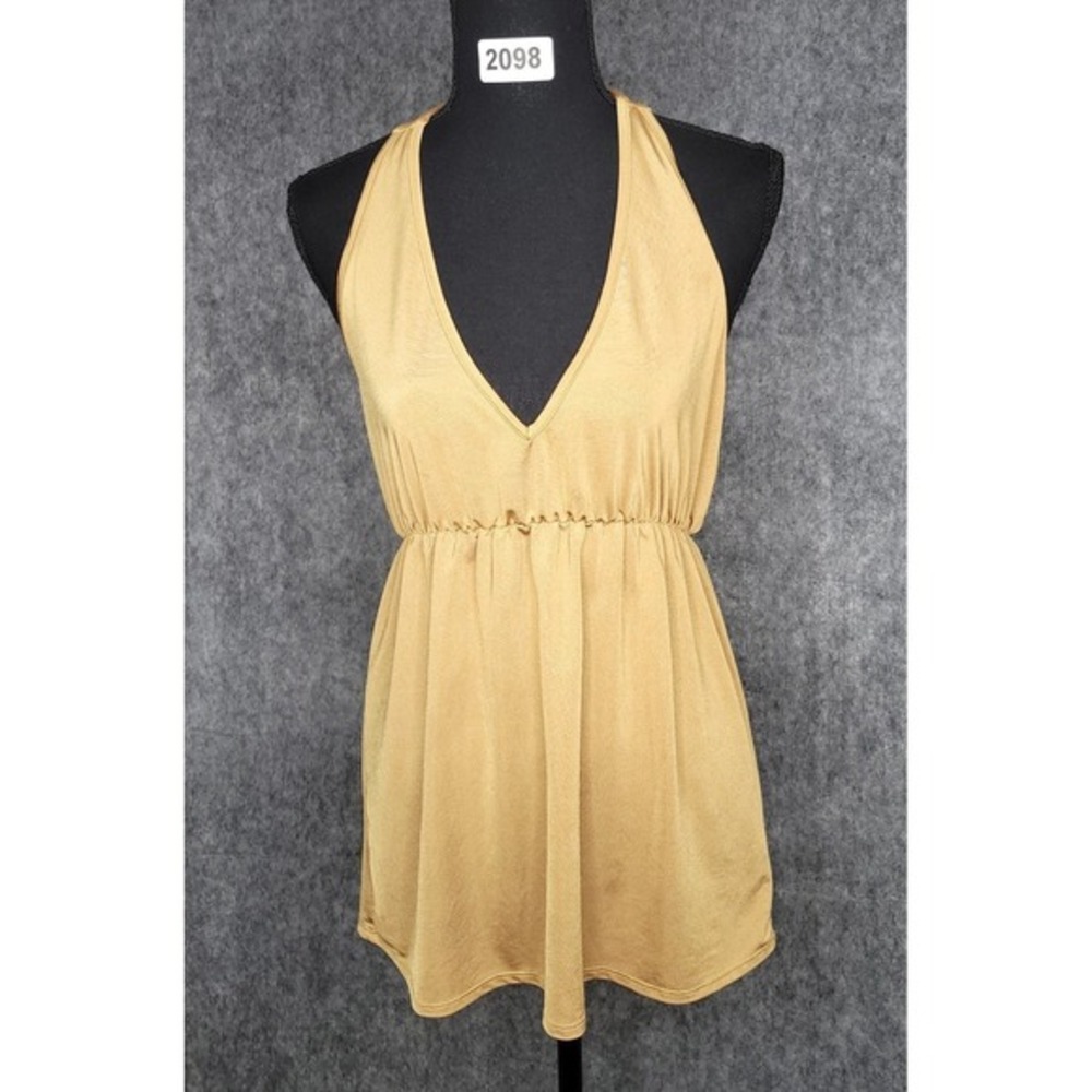 Y2K VNTG Wet Seal Gold Metallic Halter Tunic Top Large Micro Mini Dress V Neck